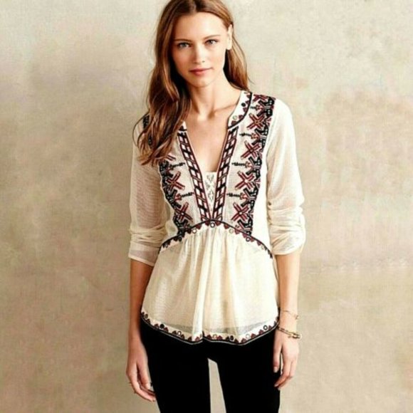 Anthro Akemi + Kin Embroidered Sheer Peasant Top - Picture 1 of 9